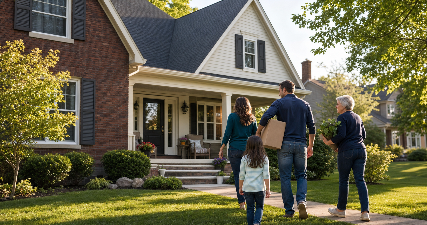 A family arriving at their new home