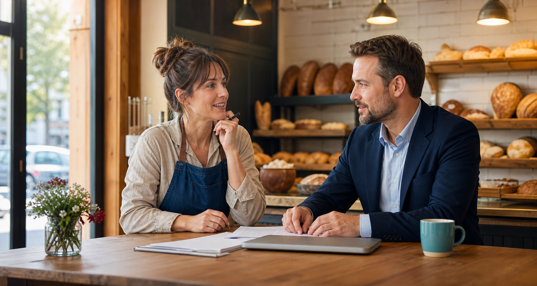 Bakery owner meeting with a business banking advisor